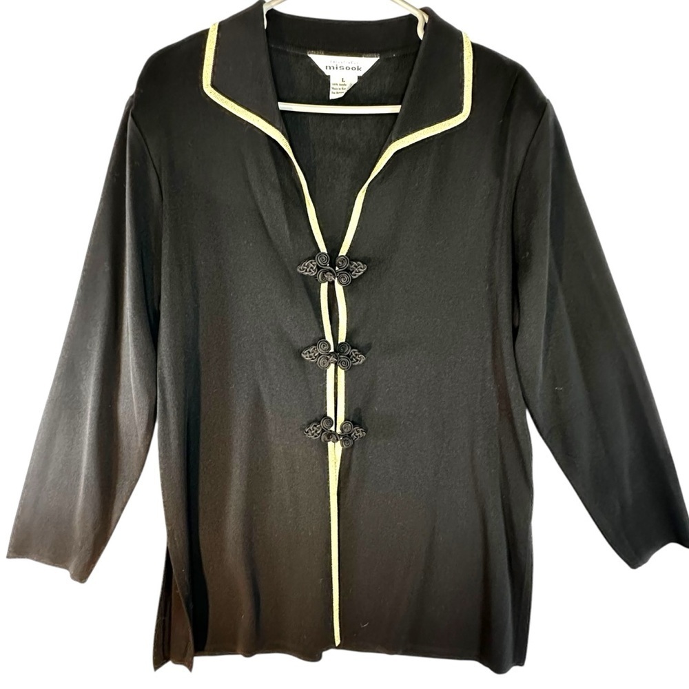 Misook Vintage Black Knit Cardigan Gold Trim Size Large EUC